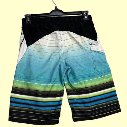 ZeroXposur ®striped board shorts in a stylish gradient of white, aqua blue, green, and black with fine line detailing.