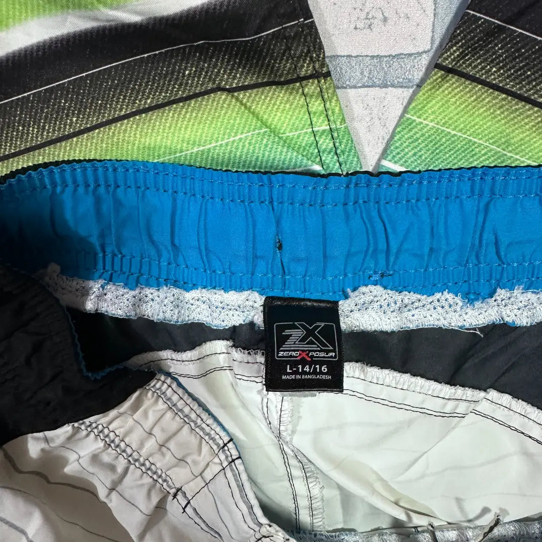 ZeroXposur ®striped board shorts in a stylish gradient of white, aqua blue, green, and black with fine line detailing.