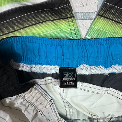 ZeroXposur ®striped board shorts in a stylish gradient of white, aqua blue, green, and black with fine line detailing.