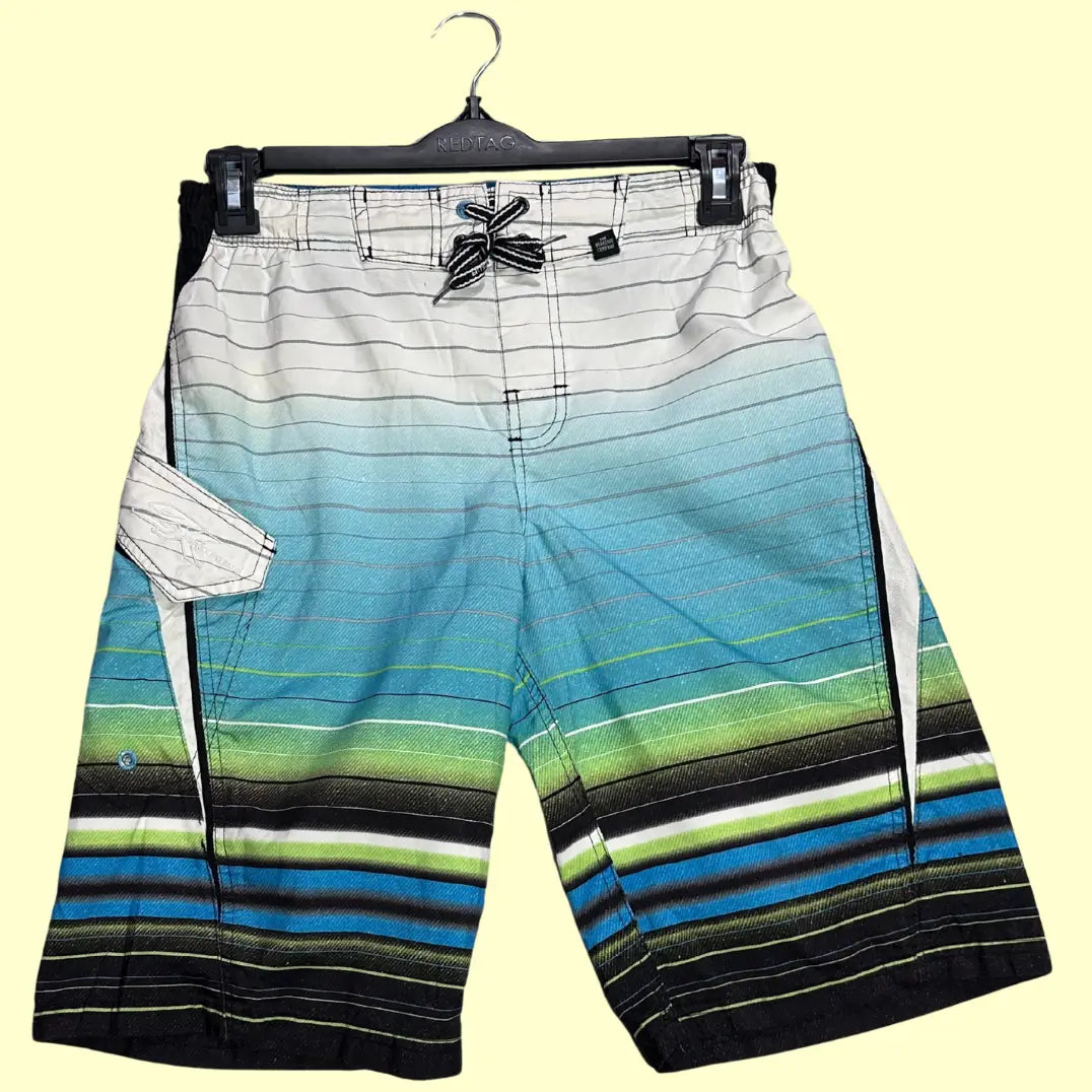 ZeroXposur ®striped board shorts in a stylish gradient of white, aqua blue, green, and black with fine line detailing.