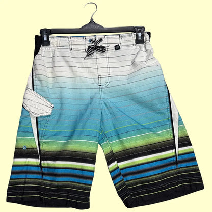 ZeroXposur ®striped board shorts in a stylish gradient of white, aqua blue, green, and black with fine line detailing.