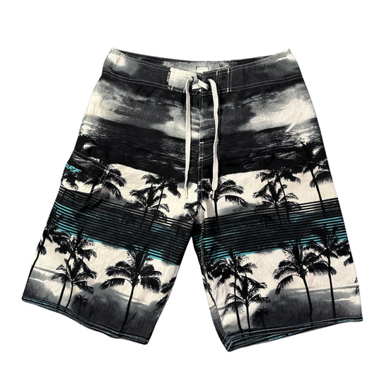 RS Surf black white and blue palm print board shorts