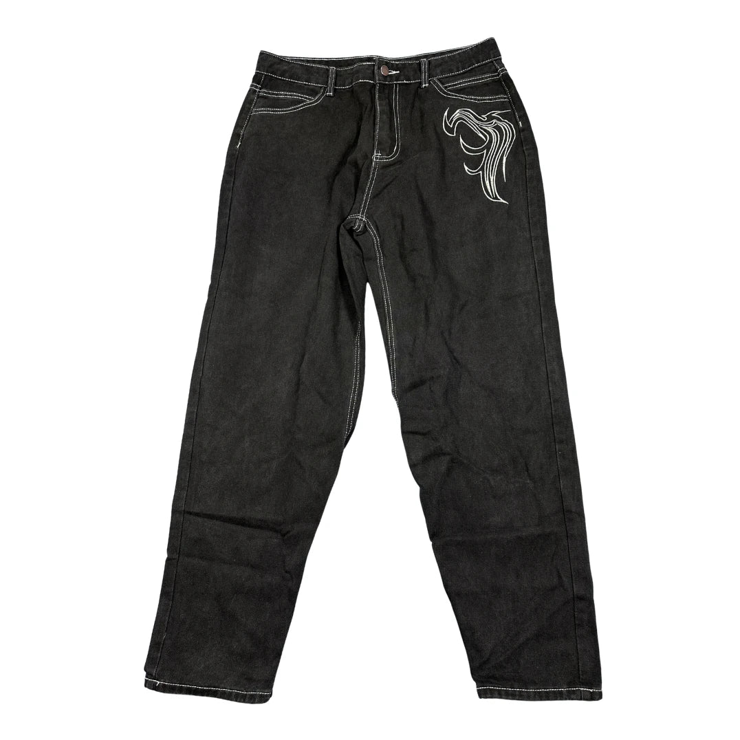 Black Graphic Straight Leg Jeans
