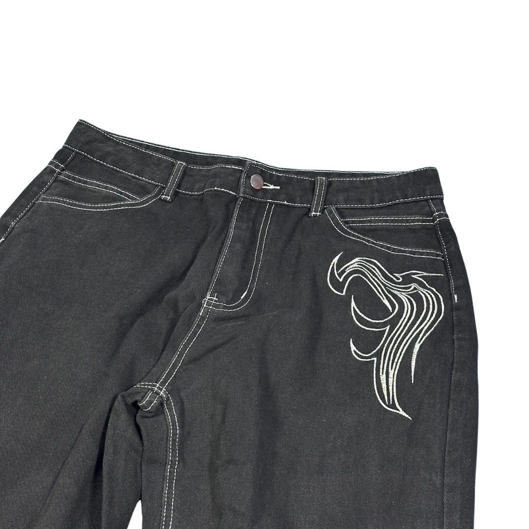 Black Graphic Straight Leg Jeans
