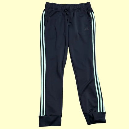 Adidas Black Jogging Pants with mint green side stripes and the signature Adidas logo