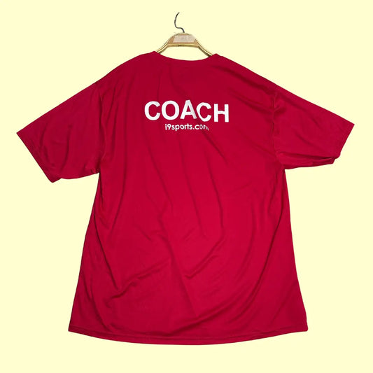i9 Sports Certified Coach T-shirt in bold red, size 2XL.