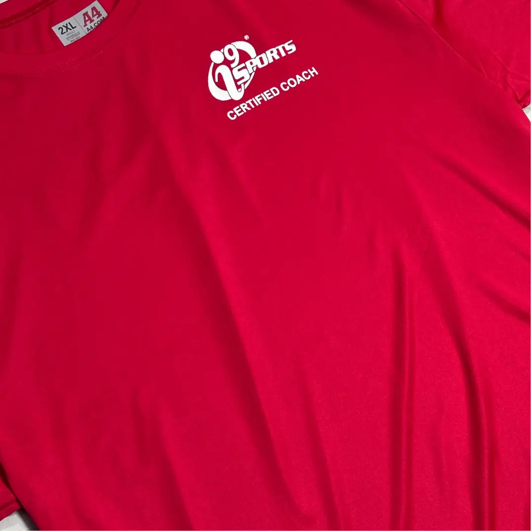 i9 Sports Certified Coach T-shirt in bold red, size 2XL.