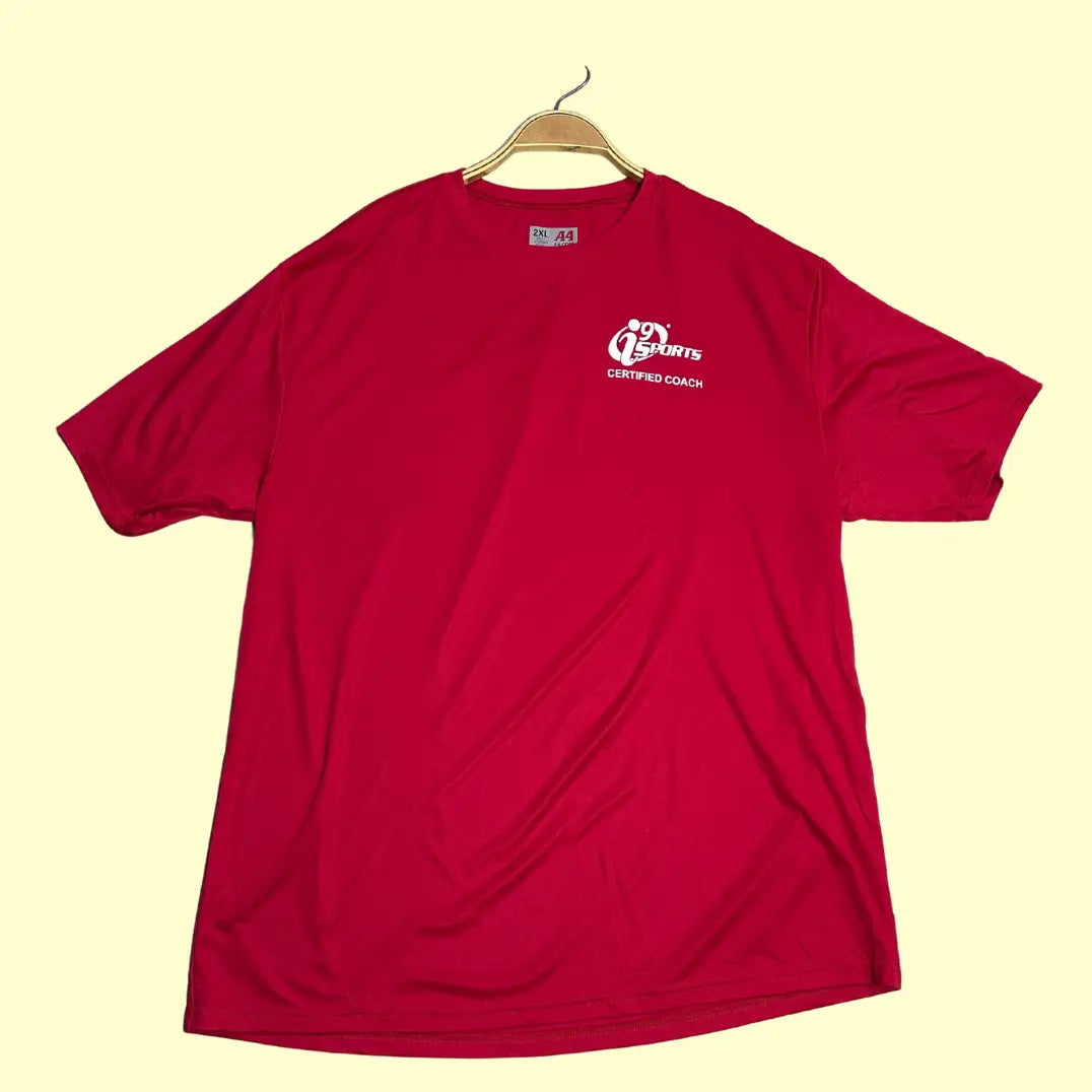 i9 Sports Certified Coach T-shirt in bold red, size 2XL.