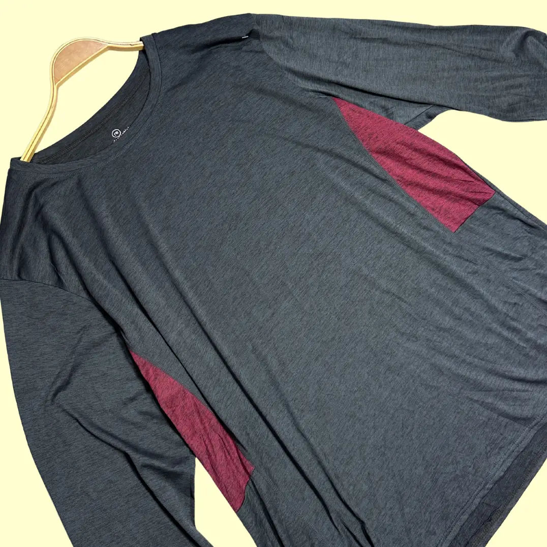 Real Essentials®Dark grey long-sleeve performance shirt with maroon side panels