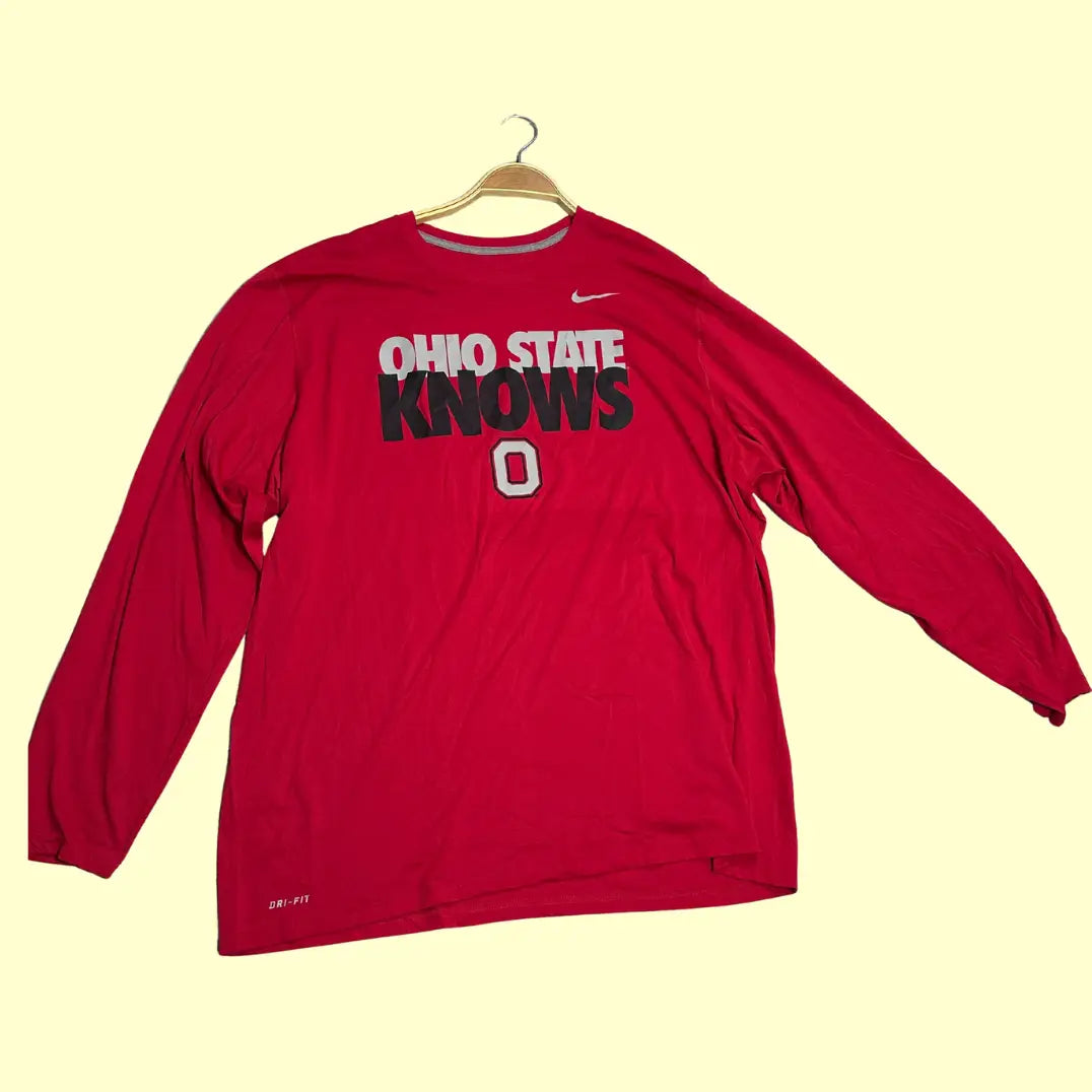 Nike Dri-Fit red long-sleeve T-shirt with bold “Ohio State Knows” print