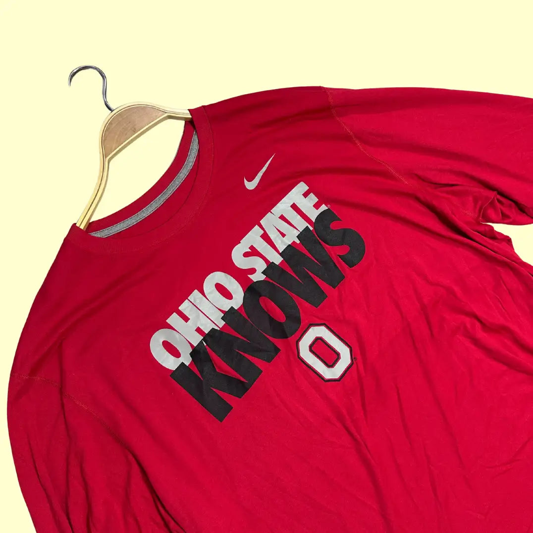 Nike Dri-Fit red long-sleeve T-shirt with bold “Ohio State Knows” print
