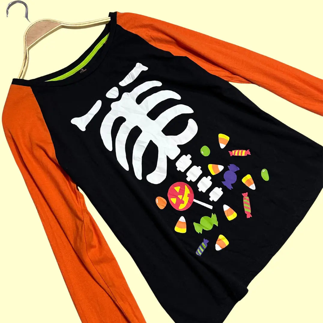🎃 Halloween Skeleton Candy Print Long Sleeve – Black & Orange