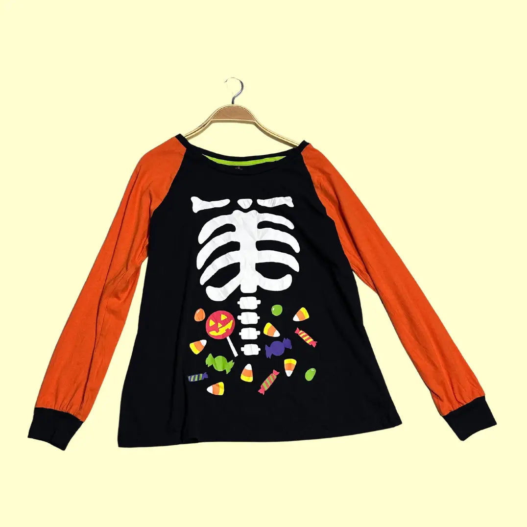 🎃 Halloween Skeleton Candy Print Long Sleeve – Black & Orange