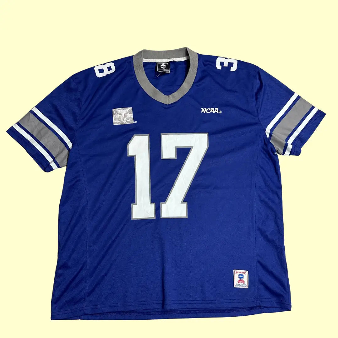 Authentic NCAA football jersey in deep royal blue with bold #17 print on the front and back
