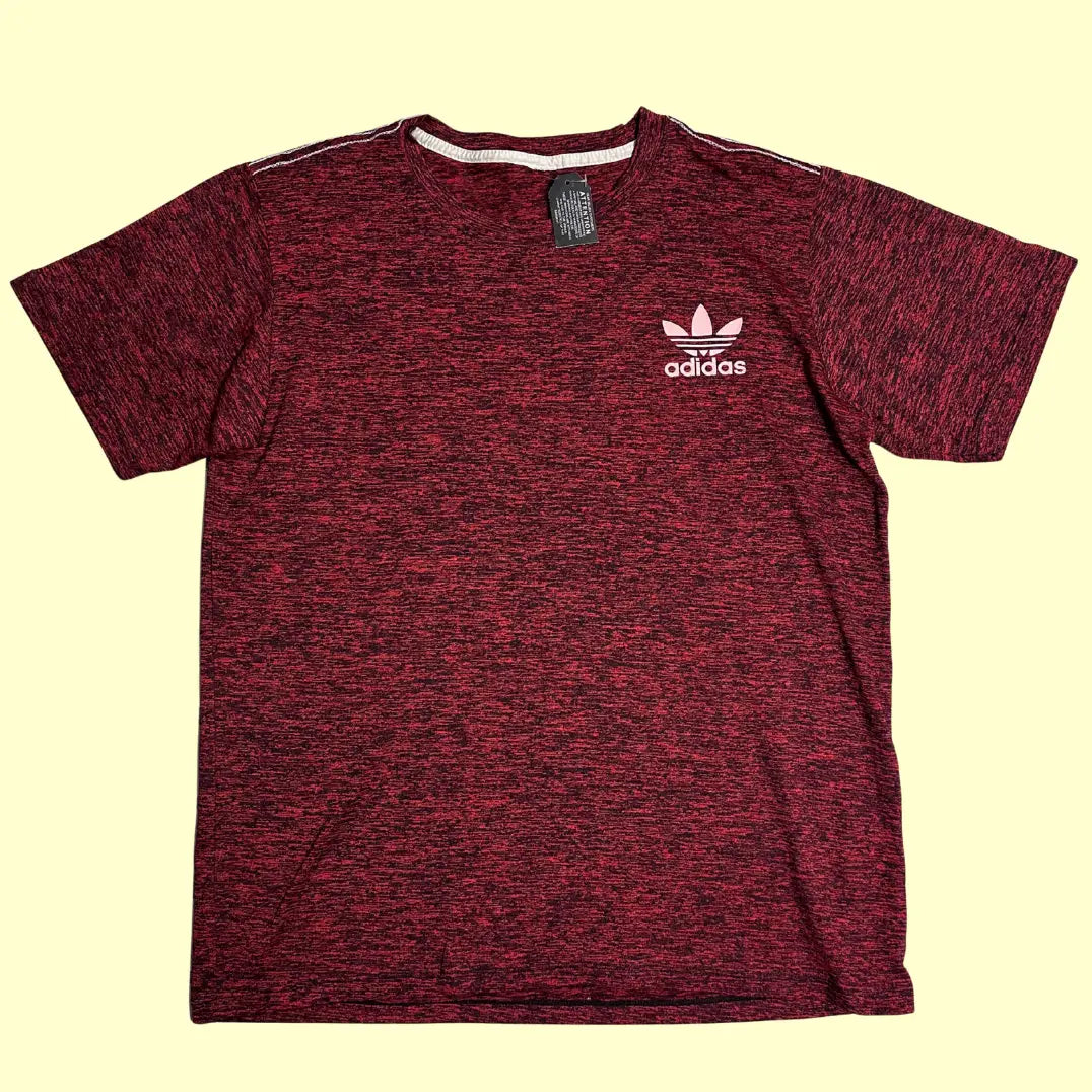 Adidas Originals red and black heathered t-shirt with the iconic Trefoil logo on the chest.