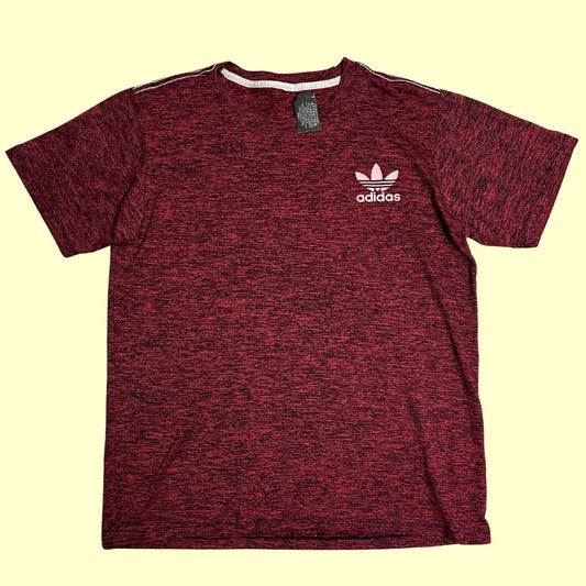 Adidas Originals red and black heathered t-shirt with the iconic Trefoil logo on the chest.