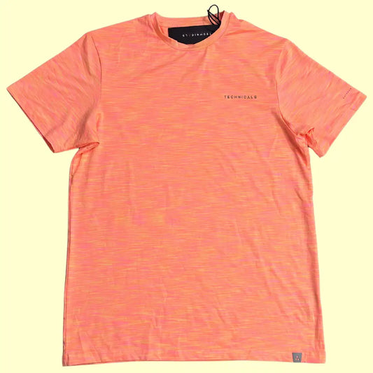 Technicals Outdoor Performance t-shirt in a bright coral-orange heather pattern.