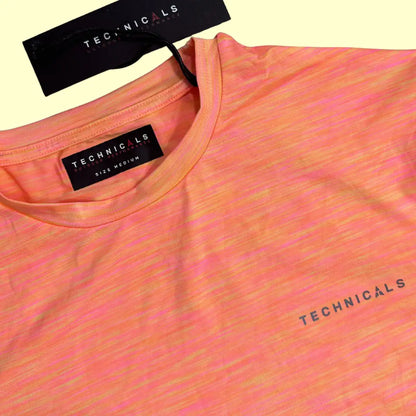 Technicals Outdoor Performance t-shirt in a bright coral-orange heather pattern.
