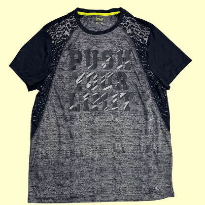 Crivit Men’s Sports T-shirt in grey and black with bold “PUSH YOUR LIMIT” graphic print
