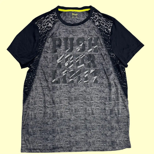 Crivit Men’s Sports T-shirt in grey and black with bold “PUSH YOUR LIMIT” graphic print