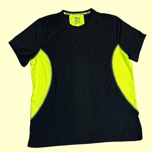 Crivit Ultimate Run Performance T-shirt in black with neon yellow mesh panels for ventilation