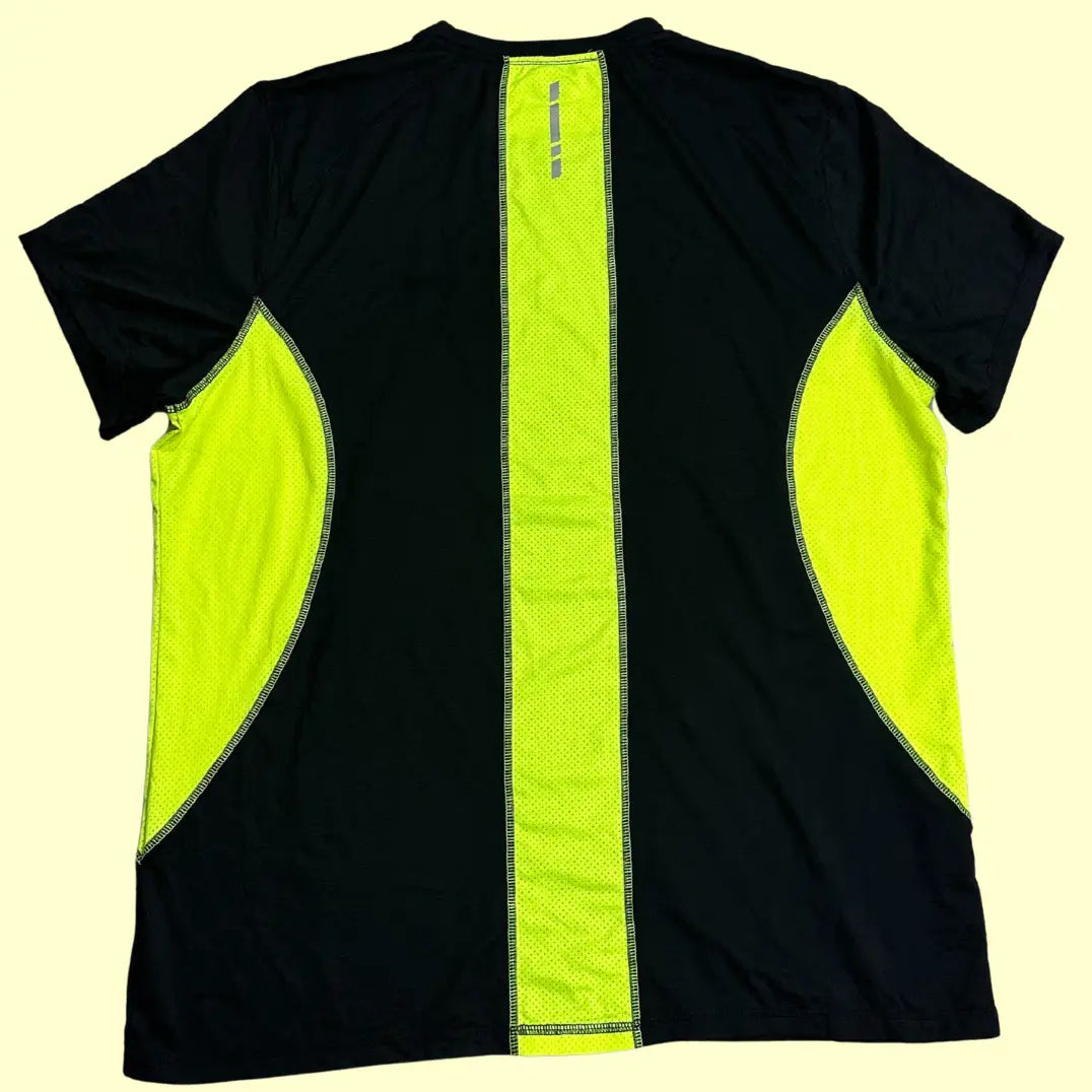 Crivit Ultimate Run Performance T-shirt in black with neon yellow mesh panels for ventilation