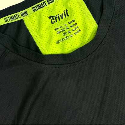 Crivit Ultimate Run Performance T-shirt in black with neon yellow mesh panels for ventilation