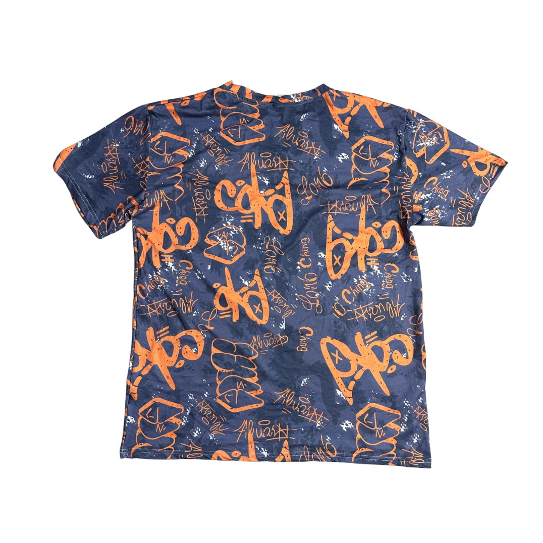 🎨 Navy Orange Graphic Casual T-Shirt(L)