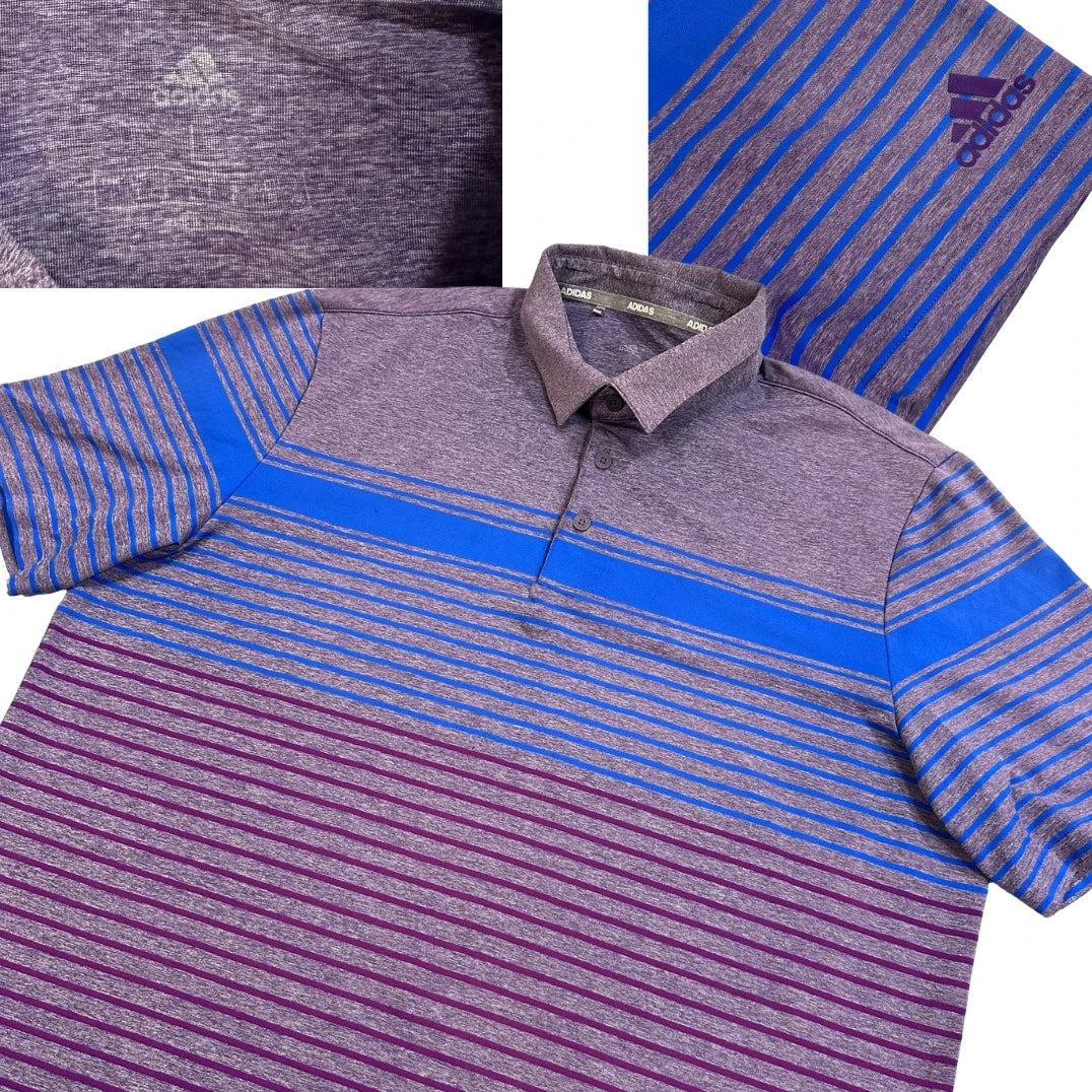 Adidas purple and blue striped performance polo t-shirt detail