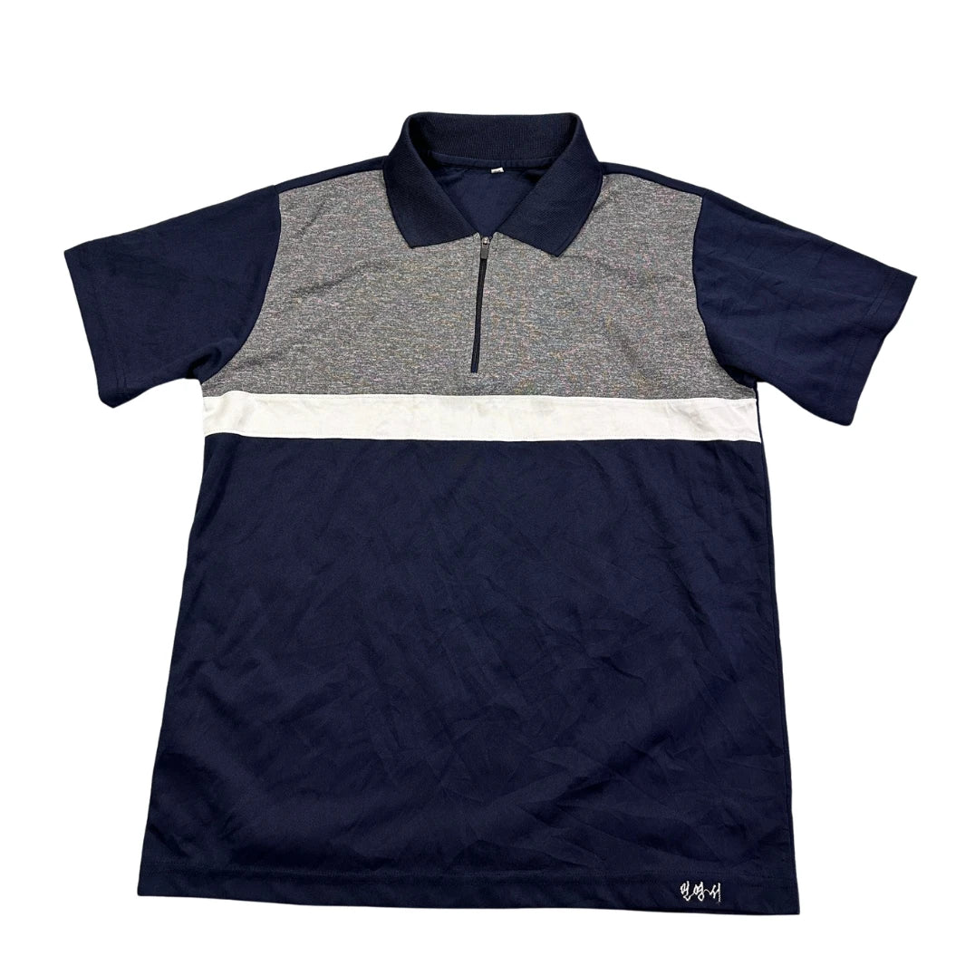 Navy Colour Block Zip Polo Shirt(S)