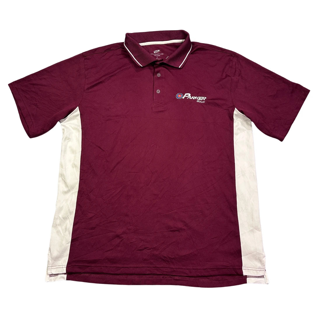 UltraClub maroon performance polo shirt with white side panels