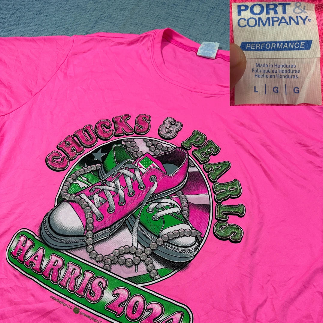 Port & Company® Performance "Chucks & Pearls Harris 2024" T-Shirt – Pink (Large)