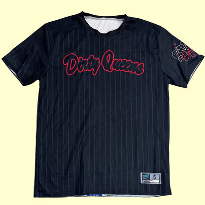 A stylish black jersey tee with a pinstripe design and bold red “Dirty Queens” lettering on the front