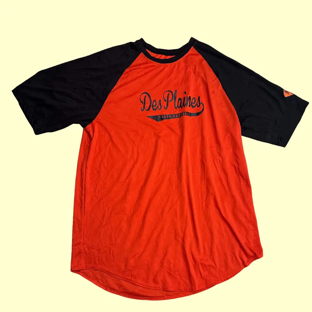 Two-tone Des Plaines Youth Baseball raglan jersey in bright orange with black sleeves.
