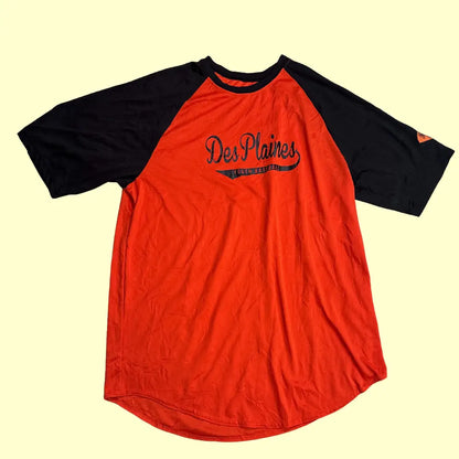 Two-tone Des Plaines Youth Baseball raglan jersey in bright orange with black sleeves.
