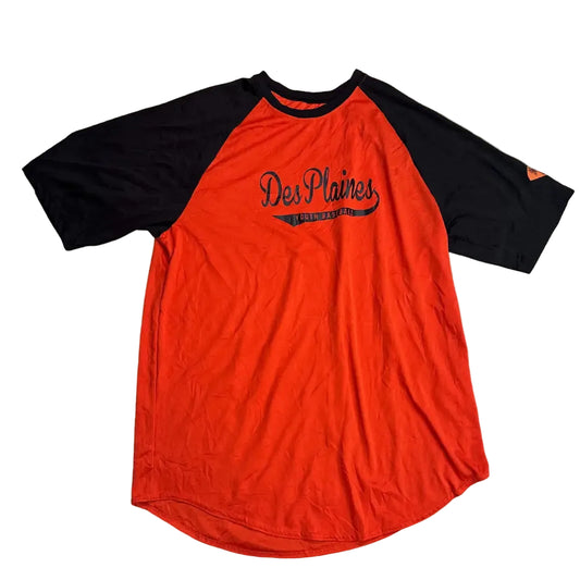 Two-tone Des Plaines Youth Baseball raglan jersey in bright orange with black sleeves.