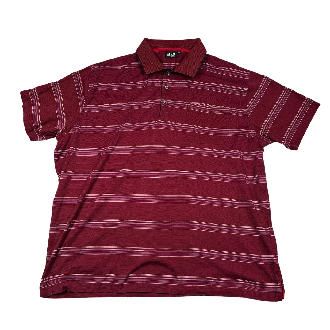 M X O maroon and white striped polo