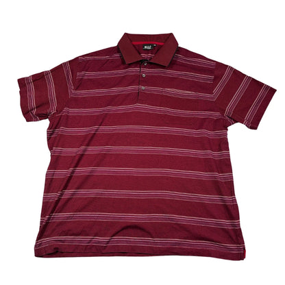 M X O maroon and white striped polo