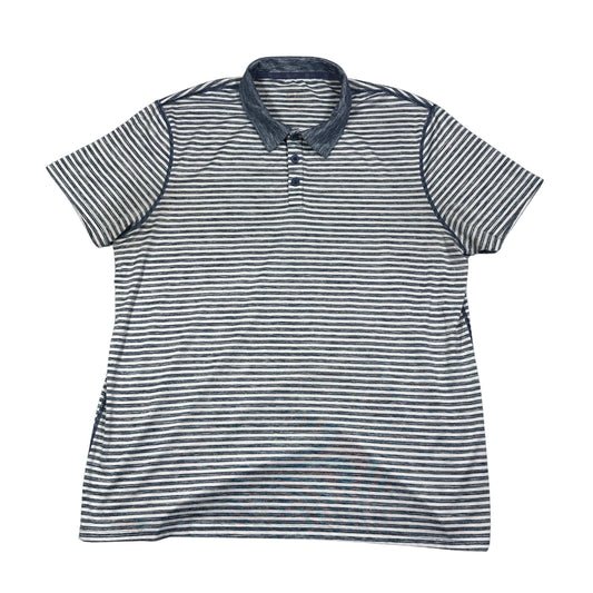 Blue and white striped polo shirt