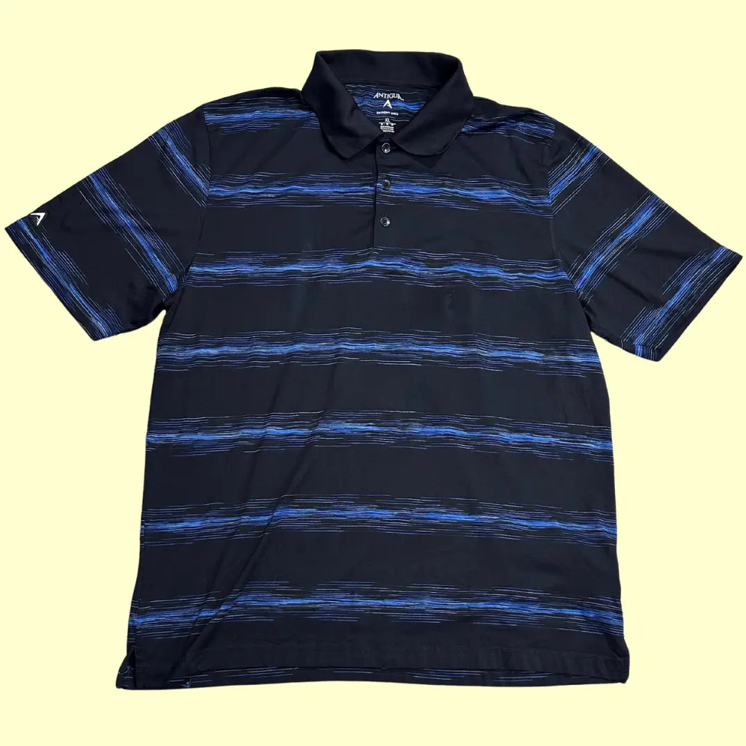 Antigua Men’s Desert Dry Performance Polo Shirt in black with blue stripe pattern.