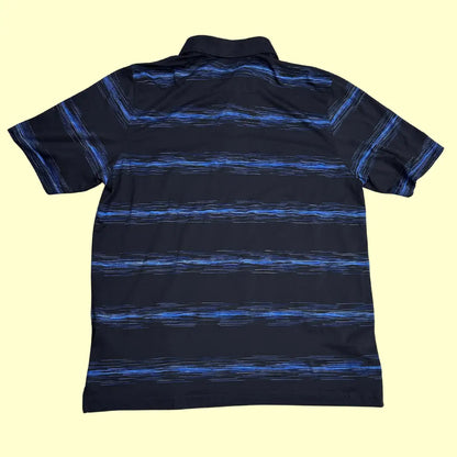 Antigua Men’s Desert Dry Performance Polo Shirt in black with blue stripe pattern.