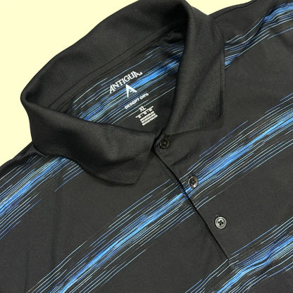 Antigua Men’s Desert Dry Performance Polo Shirt in black with blue stripe pattern.