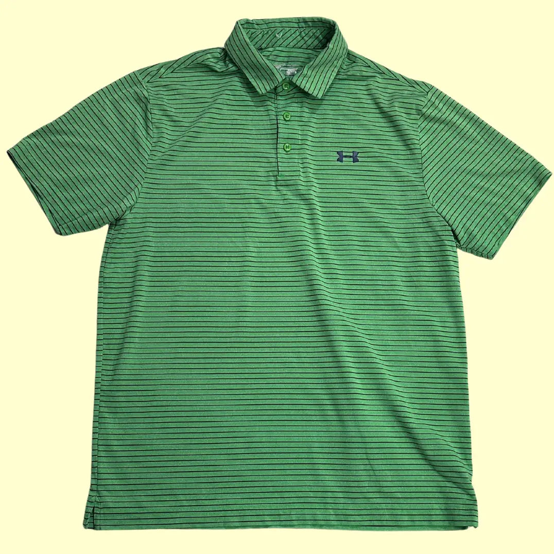 Under Armour green striped polo shirt.