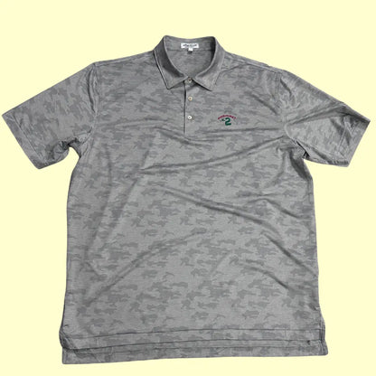Peter Millar performance polo in grey camo pattern.