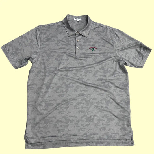 Peter Millar performance polo in grey camo pattern.