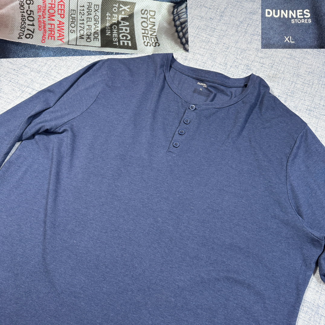 DUNNES STORES® Blue Long Sleeve Henley-XL
