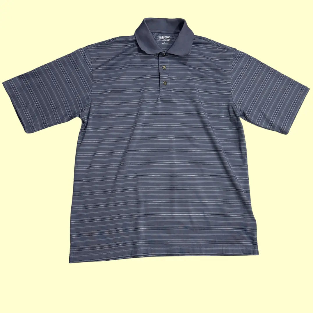 Kirkland Signature Striped Polo Shirt in navy blue with fine gray stripes.