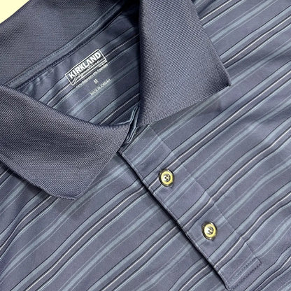 Kirkland Signature Striped Polo Shirt in navy blue with fine gray stripes.