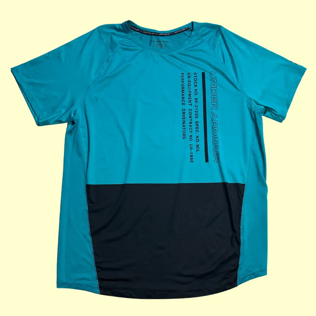 Under Armour Performance Tee in teal blue with a black lower panel