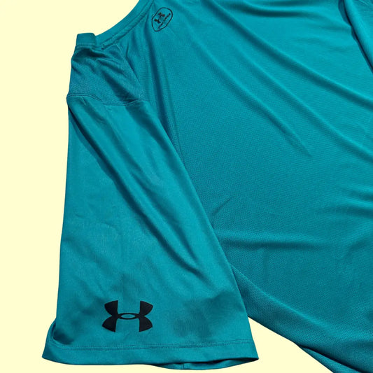 Under Armour Performance Tee in teal blue with a black lower panel